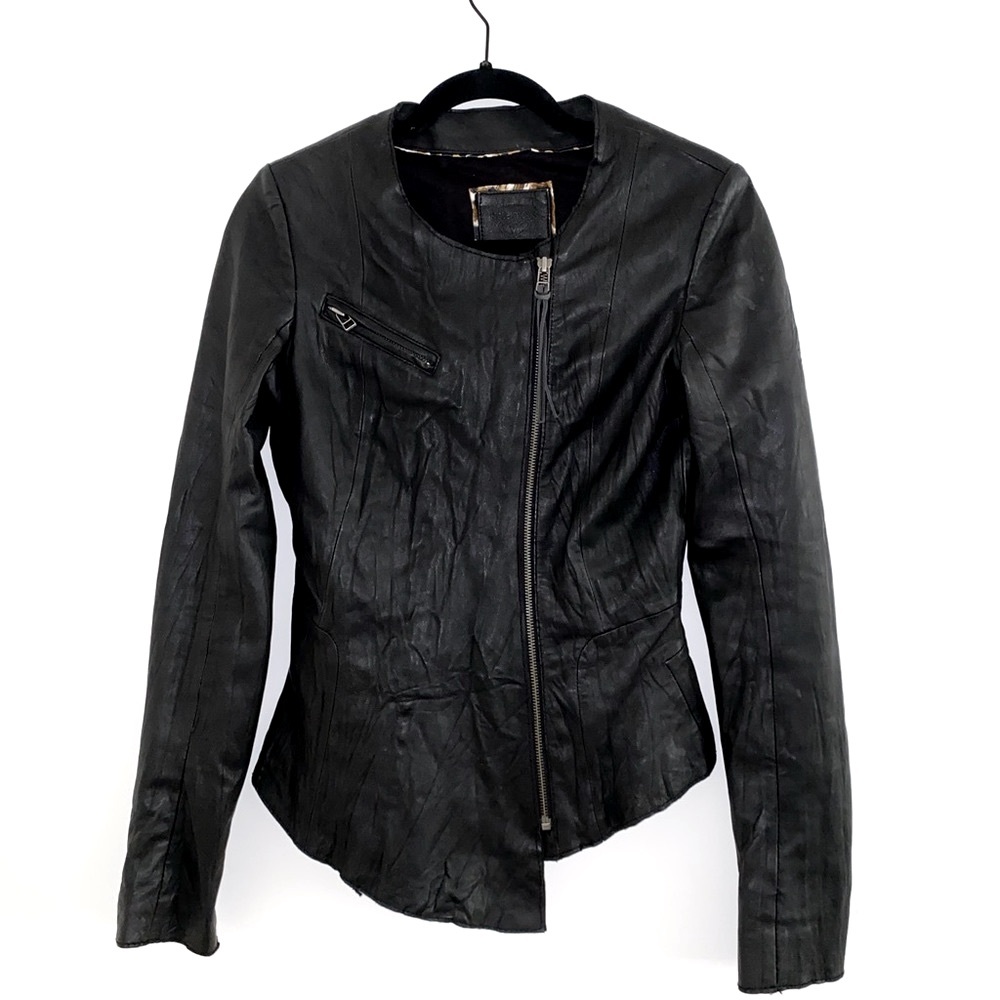 KATE MOSS Topshop Iconic Black Leather Jacket Asymmetric Zip - Size UK8 (Euro36)